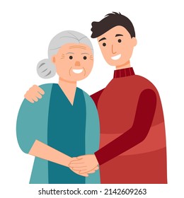 Son hugging his old mother character in flat design on white background. Family bonding. 