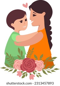 son hugging mother, Vector stock flat illustration. Concept for greeting cards, child psychology and family relationships.