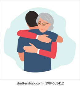 Son hugging old mother feeling love to each other. Friendly family relationship. Senior woman embracing man.Cartoon vector flat illustration on white background.