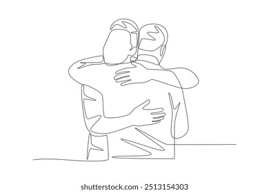 Son hugs father after wandering for a long time. Returning home to their families concept one-line drawing