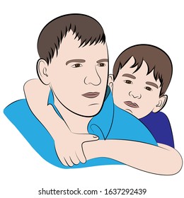 Son hugs father by the neck, color portrait of father and son, flat vector