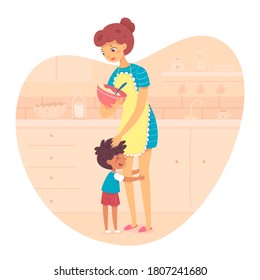 Son hugs mom preparing breakfast in kitchen. Parent and child hugging, family embrace scene. Vector character illustration of kid expresses feelings for mother, relationship, motherhood, childhood