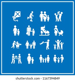 son icon. This set with father playing with son, mother with son silhouettes, father with children raising arms and kite vector icons for mobile and web