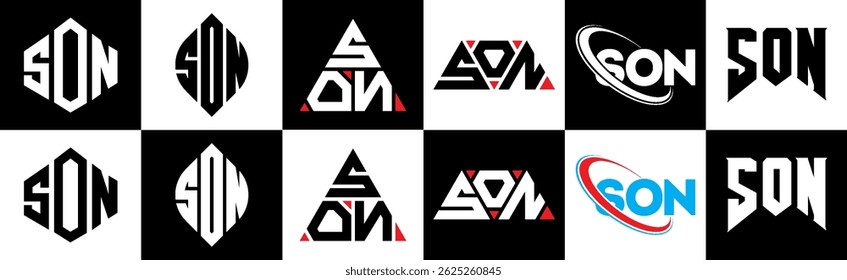 SON letter logo design in six style. SON polygon, circle, triangle, hexagon, flat and simple style with black and white color variation letter logo set in one artboard. SON minimalist and classic logo