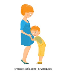  Son listens to the belly of a pregnant mother.Isolated on white background. Cartoon style.Vector illustration.