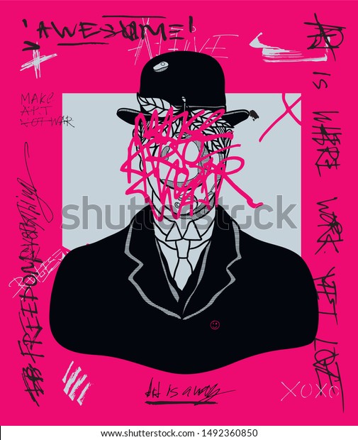 The Son of Man by Rene Magritte.\
Crazy pink calligraphy. Vector hand drawn\
illustration.