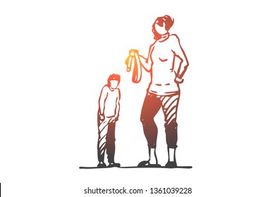 Son, mom, belt, punishment, angry, fear concept. Hand drawn mother punish son with belt concept sketch. Isolated vector illustration.