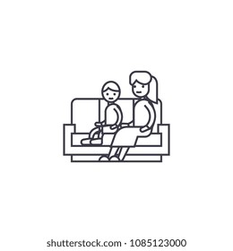 son and mom on the sofa vector line icon, sign, illustration on background, editable strokes