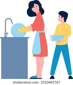 Son and mom washing dishes together. Household chores