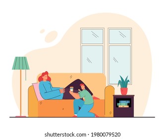 Son offering drink in disposable cup to mother. Caring child giving mom tea or coffee in plastic cup. Woman lying on sofa. Family care concept for banner, website or landing page