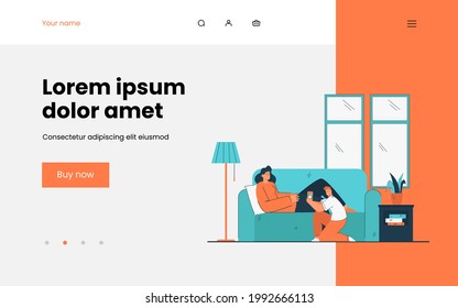 Son offering drink in disposable cup to mother. Caring child giving mom tea or coffee in plastic cup. Woman lying on sofa. Family care concept for banner, website or landing page