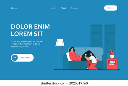 Son offering drink in disposable cup to mother. Caring child giving mom tea or coffee in plastic cup. Woman lying on sofa. Family care concept for banner, website or landing page