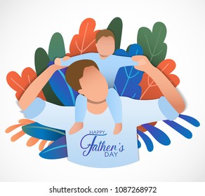 Son on his father shoulders, happy international father's day concept, can be use for card, poster, website, brochure background. vector illustration