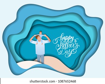 Son on his father shoulders, happy international father's day concept, can be use for card, poster, website, brochure background. vector illustration