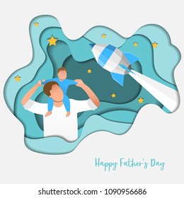 Son on his father shoulders on the night sky, happy international father's day concept, can be use for card, poster, website, brochure background. vector illustration