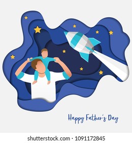 Son on his father shoulders on the night sky, happy international father's day concept, can be use for card, poster, website, brochure background. vector illustration