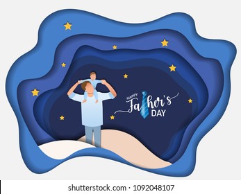 Son on his father shoulders on the night sky, happy international father's day concept, can be use for card, poster, website, brochure background. vector illustration