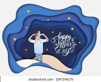 Son on his father shoulders on the night sky, happy international father's day concept, can be use for card, poster, website, brochure background. vector illustration