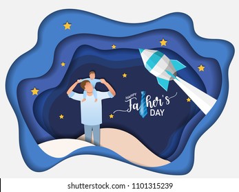 Son on his father shoulders on the night sky, happy international father's day concept, can be use for card, poster, website, brochure background. vector illustration