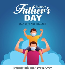 son on his father shoulders on blue background, happy international father's day concept, can be use for card, poster, website, brochure. vector illustration design. covid 19, corona virus concept