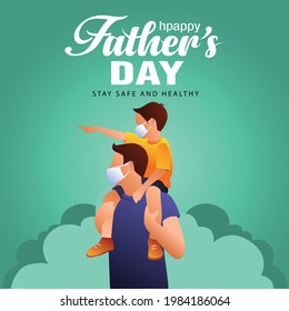 son on his father shoulders on blue background, happy international father's day concept, can be use for card, poster, website, brochure. vector illustration design. covid 19, corona virus concept