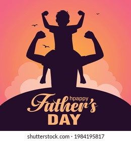 son on his father shoulders on blue background, happy international father's day concept, can be use for card, poster, website, brochure. vector illustration design