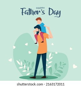 son on his father shoulders on green background, happy international father's day concept, can be use for card, poster, website, brochure. vector illustration design