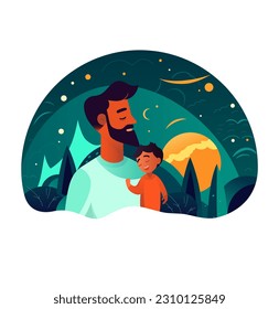 Son on his father shoulders on the night sky, happy international father's day concept, can be use for card, poster, website, brochure background. vector illustration