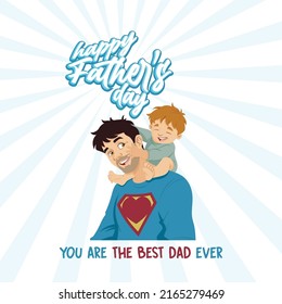 Son on his father's shoulders. Happy Father's Day celebration concept.