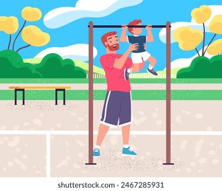 Hijo en el bar Horizontal. Papá entrenando al niño en el gimnasio al aire libre, padre ayuda al niño pequeño a ponerse al día con el ejercicio, padres escuela deportiva familia entrenamiento deportivo patio de recreo elegante Ilustración vectorial de entrenamiento para niños