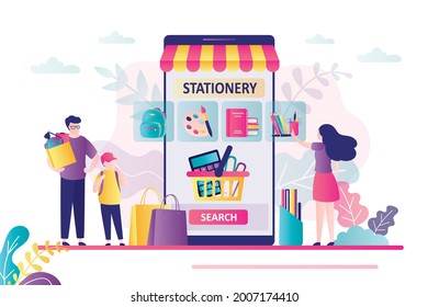 Son with parents selects products in e-shop. Mom helps schoolchild to choose stationery for school. Online store with various goods for training. E-commerce and back to school.Flat vector illustration