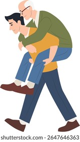 Filho Piggybacking Idoso Pai desenho animado