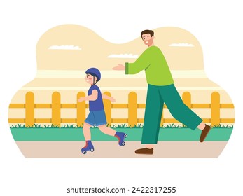 Son is playing with his father in the park, Roller skates with a head protector. Character design. Vector flat illustration