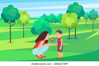 Son presenting flower to his adorable mother vector illustration. Boy gives blooming blossom to woman, preschool kid in green park with trees and bushes