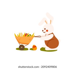 Son rabbit with cart. Character helps parents with housework. Scenes from farm life, agriculture. Responsible child, housework, routine. Cartoon flat vector illustrations isolated on white background