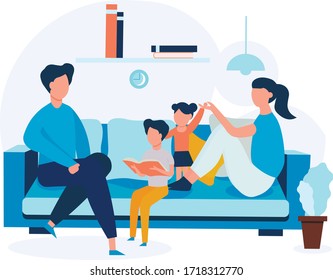 The son reads a book with his family. Parents listen to their son read. The family spends time together. Dad, mom, daughter and son are sitting on the couch. Vector illustration in flat style.