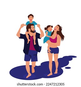 Son riding father’s necK and Young mother holding daughter in her hand are walking and happily together on white background. Vector isolate flat design illustration of smiling and laughing people.