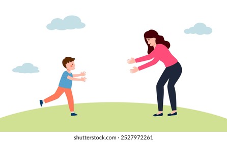 Son running into her mother's arms in flat design. Best mom ever.