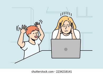 Son screams, hinders his mother doing business at home. Woman is sitting at laptop, trying to concentrate. Remote, distant work. Vector linear colored illustration isolated on blue background.