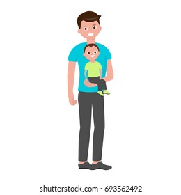 The son sits in the arms of his father. Happy baby and dad. Family relationships. Vector illustration