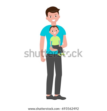 The son sits in the arms of his father. Happy baby and dad. Family relationships. Vector illustration