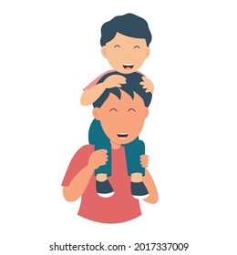 The son sits on the shoulders of the father.