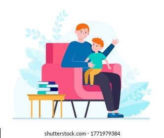 Son sitting on father knees and listening story. Armchair, book, dad flat vector illustration. Family and childhood concept for banner, website design or landing web page