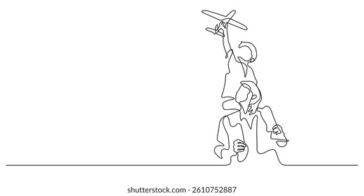 son sitting on father shoulders playing toy plane one line continuous drawing minimalism decorative