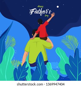 Son sitting on his father shoulders and looking night sky on nature background for Happy Father's Day celebration poster design.