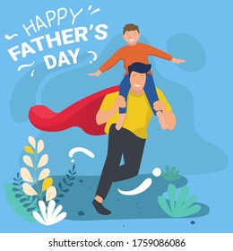 Son sitting on his father shoulders and looking night sky on nature background for Happy Father's Day celebration poster design.