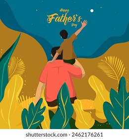 Son sitting on his father shoulders and looking night sky on nature background for Happy Father's Day celebration poster design.