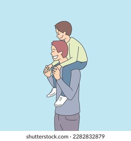 Son is sitting on his father’s shoulders. Dad and son together. Father’s Day theme. Vector art 