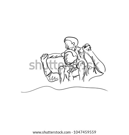 son sitting on neck of father vector illustration sketch hand drawn with black lines isolated on white background