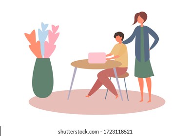 The son is studying, his mother encourages him in a modern style. Cartoon vector illustration. Online training, education. Distance learning.